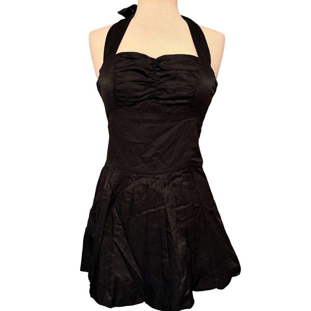 Vintage Y2K Dani Yohanna Black Cotton Silk Pleated Halter Dress Size Medium